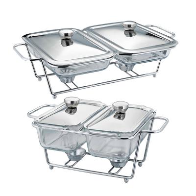 China Eco-friendly Wholesale Low Price Buffet Stove 1.3L/1.5L Two Compartment Hotel Equipment Glass Chafing Dish For Hot Food for sale