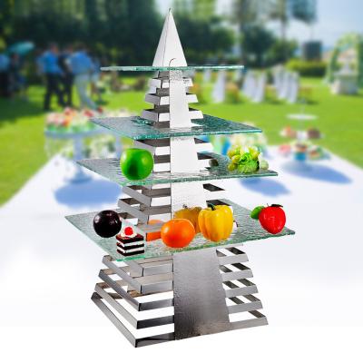 China Stainless Steel Pyramid Hammered Glass Coffee Break Glass Shelf 4 Tiers Cold Fruit Meal Display Stand for sale