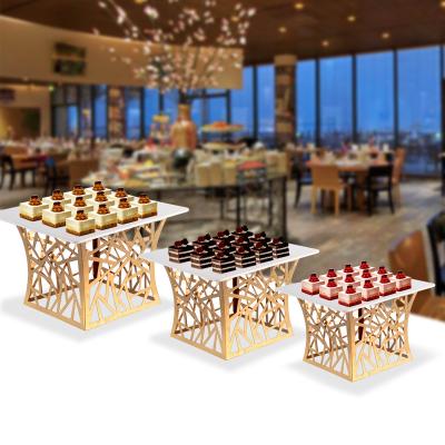 China Viable Hot Sale Hotel Restaurant Luxury Gold Stainless Steel Dessert Stand With Stone Tray Dim Sum Holder for sale