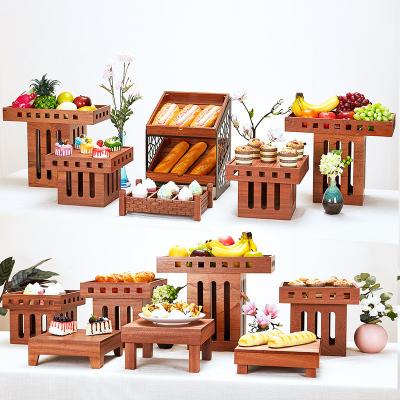 China Creative Wooden Chinese Cold Table Decoration Coffee Break Meal Buffet Stand Sapele Pastry Fruit Tray Sushi Rack for sale