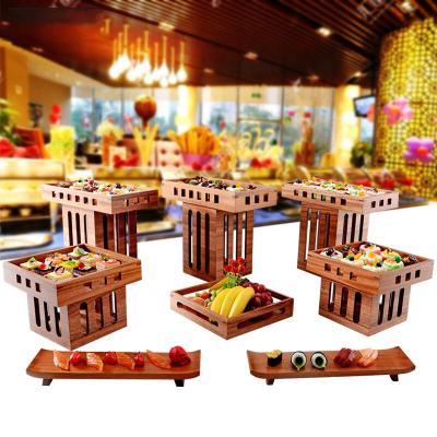 China Decorative Dessert Food Bread Hotel Catering Wooden Rack Shake Sushi Display Rack Soft Sapele Wood Bread Display Rack YCF01 for sale