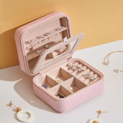 China PU Leather Travel Jewelry Mirror Organizer Necklaces Ring Jewelry Case Makeup Earrings Square PU+Velvet Small for sale