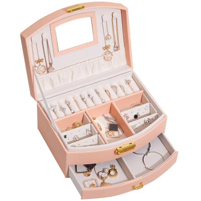 China Luxury Type PU+Velvet Jewelry Drawer Box 2 Layers PU Leather Jewelry Storage Box with Mirror and Lock White Pink Green for sale