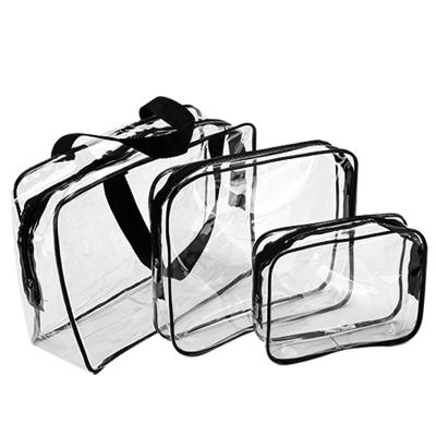 China Fashion Transparent PVC Three Pieces In One Set Large Clear Vinyl Cosmetic Bags With Handles for sale