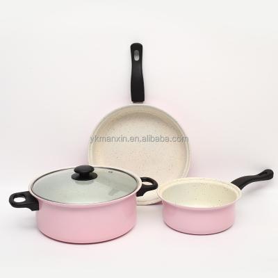 China Sustainable Hot Selling Pink Pan Cookware Sets Kitchen Ware Non-Stick Pot Cookware Set for sale