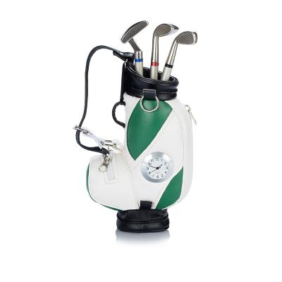 China PU Gifts Golf Clubs Shape Custom Logo Original Mini Golf Trolley Golf Club Stand Bag With Cart Pen And Pencil Desk Holder for sale