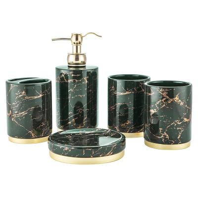 China Green Gold Sustainable White Black Base Marble Set Ceramic 5 Piece Toiletries Bathroom for sale