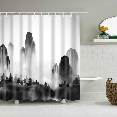 China Lotus Buddha Bath Curtain Natural Rural Waterproof Bathroom Waterproof Landscape Shower Curtain Home Decor With Hooks for sale