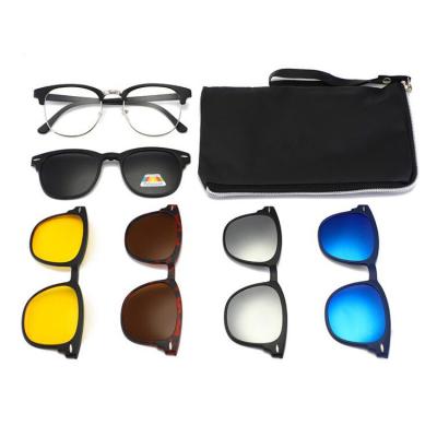 China Magnetic Clip On Sunglasses Men And Women Night Vision Driving Sunglasses 5 In 1 Magnetic Polarized Clip On Sunglasses With Leather Bag for sale