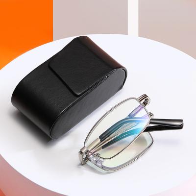 China Vintage Full Metal Frames Anti Blue Light Luxury Slim Blue Light Filter Foldable Reading Glasses With Case for sale