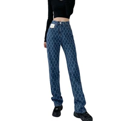 China 2022 New Product Women QUICK DRY Diagonal Plaid Pocket Wide Leg Printed Straight Leg Jeans High Rise Jeans for sale