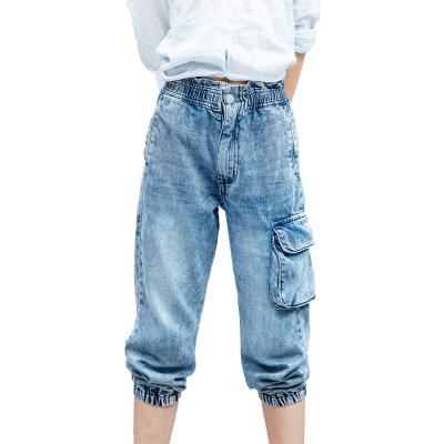 China 2022 new breathable custom logo waist half pocket jeans elastic cotton fabric washed loose kids denim pants pencil pants cropped trousers for sale