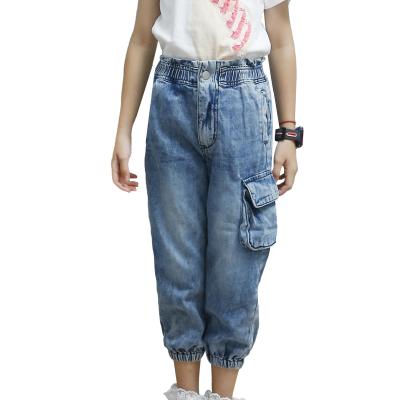 China Anti-Wrinkle OEM Customize Logo Washable Girls Denim Fabric Close Up Pant Legs Elastic Waist Do Old Jeans Pants for sale