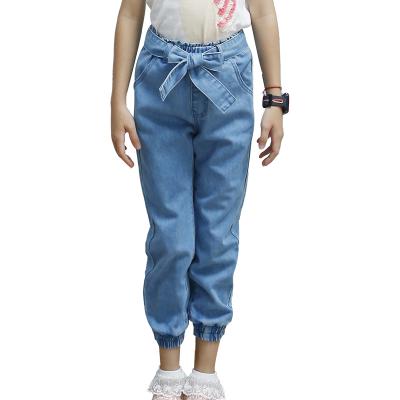 China 2021 Girls Denim Pants Autumn Casual Solid Color Drawstring Anti-wrinkle Long Pants With Adjustable Bowknot Waistband 14 Years 15 Years Custom Made for sale