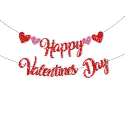 China Eco-friendly Material Happy Valentine's Day Paper Banner No DIY Required Valentines Decorations Gliter Heart Garland Banner for sale