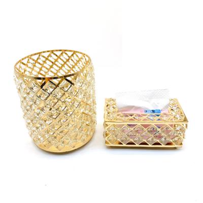 China Luxury Wholesale Fashion Creative Golden Home Living Room Desktop Luxury Decoration Paper Box Gold Crystal Tissue Box/ Waste Container for sale