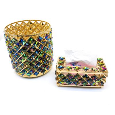 China Luxury High Quality Luxury Colorful Crystal Tissue Box Gold Metal Tissue Box Napkin Box /  Waste Container For Living Room Bathroom Car for sale