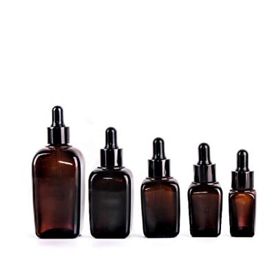 China Industrial Household Products Square Amber Color 10ml 15ml 30ml 50ml 100ml Serum Tincture Pipette Personal Care Use Cosmetic With Black Dropper for sale