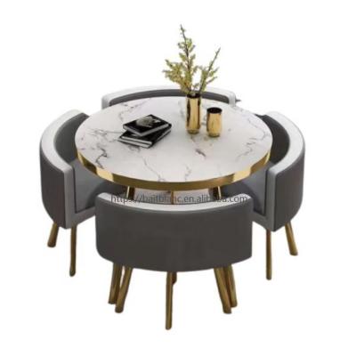 China Environmental Protection White Gold Round Small Space Save Kitchen Furniture Dining Table Set Marble Modern for sale