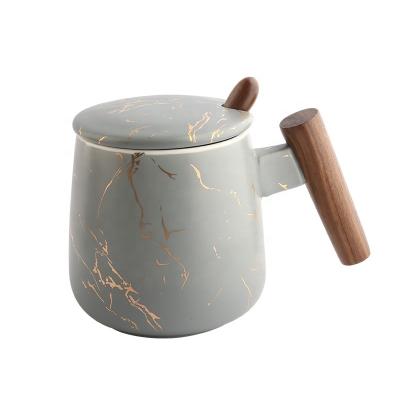 China New Viable Creative Marble Wood Handle Texture 12oz Ceramic Coffee Mug Cup With Lid And Spoon for sale