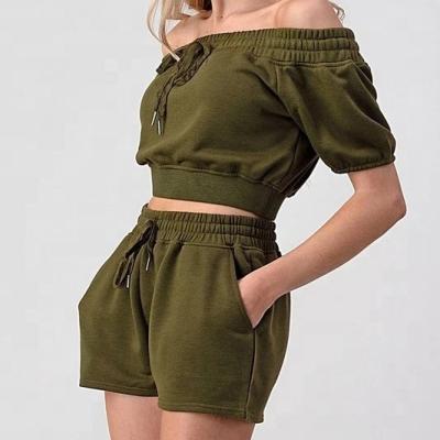 China Fashion Summer One Shoulder Custom Crop Tops And Shorts QUICK DRY Women 2 Piece Sets for sale