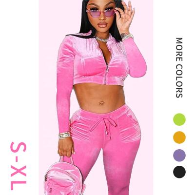 China Custom Embroidered Logo Crop Top Breathable 2 Piece Set Velvet Sweatsuit 2022 Autumn Fashion Women's Velvet Tracksuit for sale