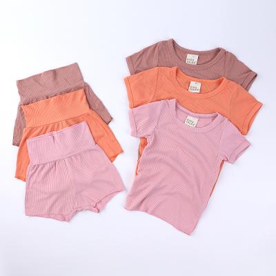 China Spandex/Cotton Girls Summer Dress Set High Waisted Ribbed Knitted T-shirt Short Sleeve Kids Shorts Kids Summer Baby Outfits Loungewear for sale