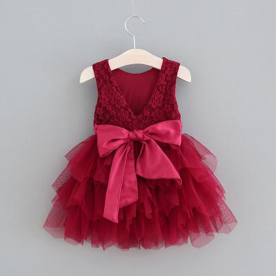 China Summer Breathable Girls Dresses Party Tutu Lace V Back Dress 1 Year Old Baby Birthday Dress for sale