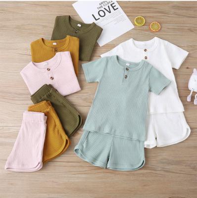 China Spandex/Cotton 2021 Summer Cozy Girls' Shorts Ribbed Tank Top T-shirt Ribbed Baby Clothing Kids Wear 2 Piece Short Set Kids Clothes for sale