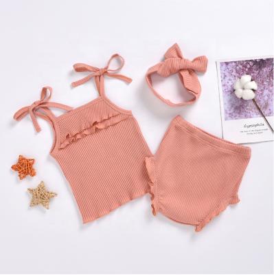 China 2021 Comfy Adjustable Casual Bandeau Camisoles Ribbed Tank Tops Summer Shorts Beach Wear 3 Piece Suit Designs Toddler Girl Clothes for sale