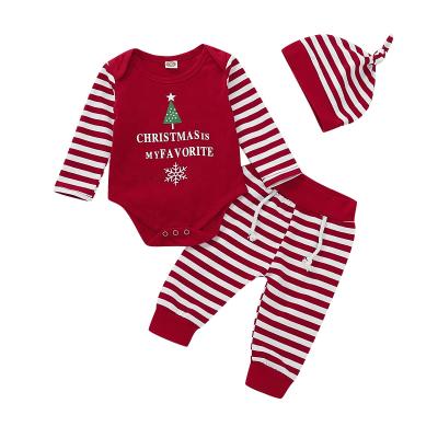 China Wholesale Sweet Toddler Stripped Romper With Red Pants Hats 3Pcs Outfits For Birthday Babies Christmas Outfits for sale