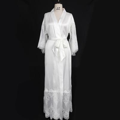 China 2022 QUICK DRY Silky Lace Maxi Robe Beta Satin Kimono Long Robe with Maxi Bridesmaid Lace Trim Sleepwear Wedding Robe for sale