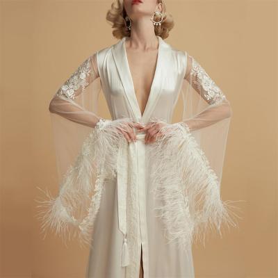 China SELLER BETAS QUICK DRY SLEEPWEAR white ostrich feather robe with long sleeves lace up floral pure luxury satin sexy bride robe robe for sale