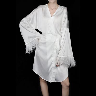 China Beta High Quality long robe feather satin bridal pajamas pijamas-femenin luxury white silk sleepwear breathable women long satin pajamas for sale