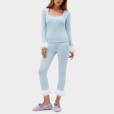 China High Quality Beta Cotton QUICK DRY QUICK DRY Pajamas The Weekend Chic Set With Cuffs In Detachable Long Sleeve Women Blue Feather Sleepwear for sale