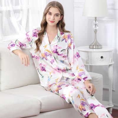 China Wholesale Custom Beta Breathable Printed Adult Women Sleepwear Two Piece Silk Pajamas 100% Breathable Silk Plus Size Set Long Sleeve for sale