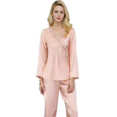 China Beta Custom Breathable Silk Pajamas Women Ladies Breathable Sleepwear Set Two Piece Long Sleeve100% Embroidered Silk Loungewear PJ Sets For Women for sale