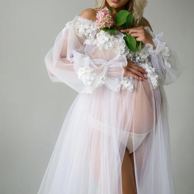 China Sexy Breathable Tulle Robe Bridal Maternity Lingerie Beta Long Robe Lace Boudoir Long Robe For Pregnancy Photoshoot for sale