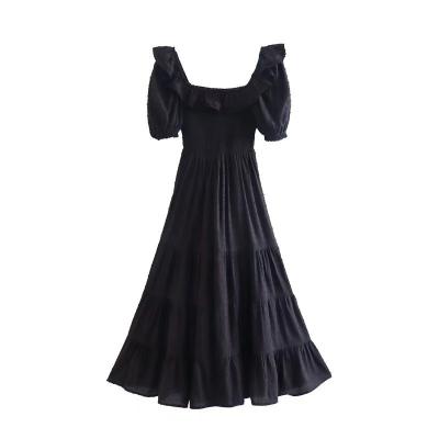 China Breathable Luxury Custom Design French Black Cotton Women Summer Casual Lace Up Long Maxi Dresses for sale