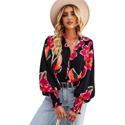 China New Colorful Print Breathable Loose Top Women's Floral Blouses With Puff Sleeve for sale