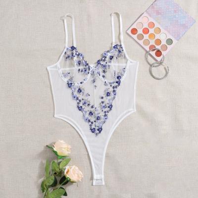 China Floral Lace Plunging Teddies Bodysuit Blue Manufacturer Women Clothing Sexy Lingerie Bodysuits Transparent Fancy Women Wholesale en venta