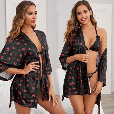 Κίνα Ensemble Nuisette Underwear Sleepwear Lace 3 Piece Bra Set Satin Peignoir Robe Negligee Mature Women Sexy Lingerie Nightgown προς πώληση