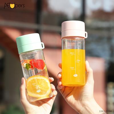 China Juice Milk Water Bottle For Plastic Student With Infuser Portable Minimalist 350ml 12oz Double Lids for sale