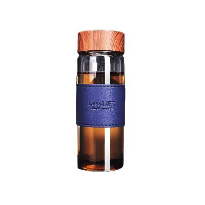 China 5755L-1 430ml Custom High Borosilicate Single Wall Wooden Lid Infuser Glass Water Bottle for sale