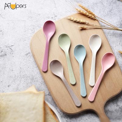 China Wholesale Custom Made Sustainable Dinner Cute Kids 6612J Biodegradable Free Colorful Spoon Long BPA Eco Set Wheat Straw Fiber Spoon for sale