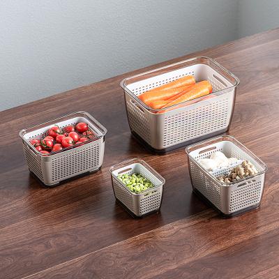 China Fresh-keeping ShengBang Kitchen Transparent Refrigerator Two-Layer Drain Box Fresh-keeping Organizer Basket With Lid Plastic Food Storage Containers for sale