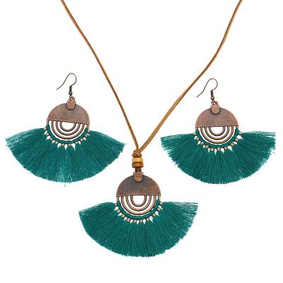 China 2020 BOHEMIA Colorful Tassel Bohemian Jewelry Sets For Women Handmade Weave Tassel Earrings Long Necklace Set Sweater Dangle Chain for sale