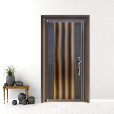 China Sound Insulation Vertical Stripe Design Household Stainless Steel Security Door Apartment Main Entrance Door Elegant Copper Color Design for sale