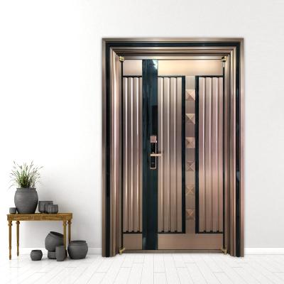 China Soundproof Exaggerated Residential Doors Designs Residential Exaggerated Metal Stripe Design 304 Stainless Steel Villa Front Main Door Entrance Security Double Doors for sale