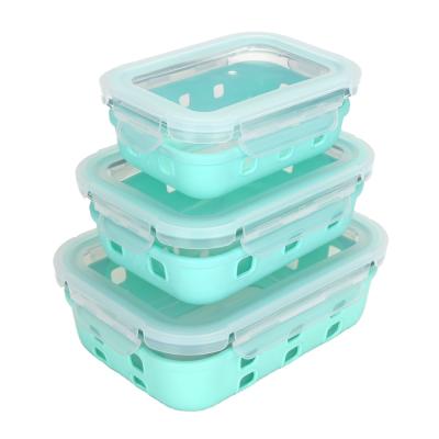 China Microwavable/Heatable/Freshness Box Glass Food Preservation Container High Borosilicate Silicone Storage Freshness Glass Sleeve for sale